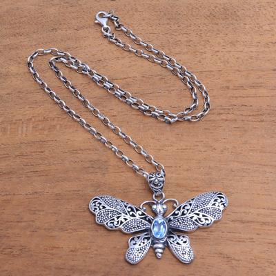 Blue topaz pendant necklace, 'Elaborate Butterfly' - Blue Topaz and Sterling Silver Butterfly Pendant Necklace