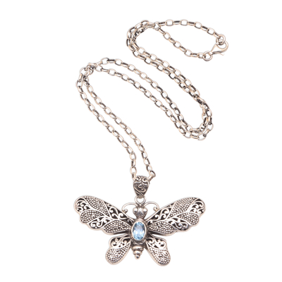 Blue topaz pendant necklace, 'Elaborate Butterfly' - Blue Topaz and Sterling Silver Butterfly Pendant Necklace