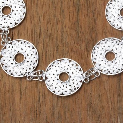 Sterling silver filigree link bracelet, 'Fascinating Circles' - Circle Pattern Sterling Silver Filigree Link Bracelet