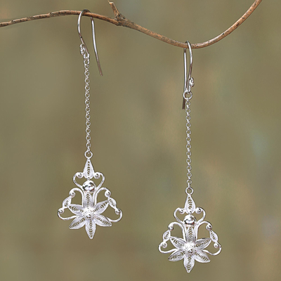 Sterling silver filigree dangle earrings, Flower Rain