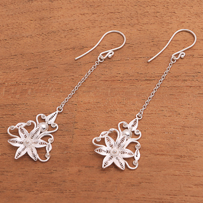 Sterling silver filigree dangle earrings, 'Flower Rain' - Floral Sterling Silver Filigree Dangle Earrings from Java