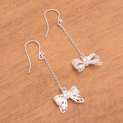 Sterling silver filigree dangle earrings, 'Happy Bows' - Bow-Shaped Sterling Silver Filigree Dangle Earrings