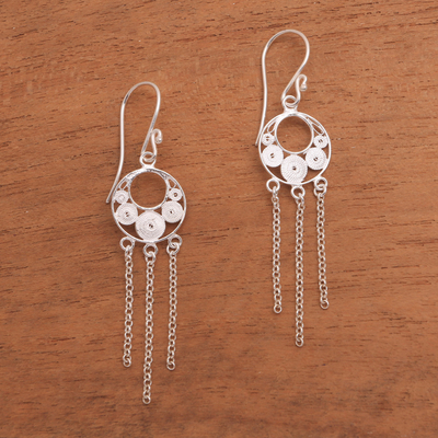 Sterling silver waterfall earrings, 'Pure Circles' - Circle Pattern Sterling Silver Filigree Waterfall Earrings
