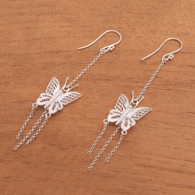 Sterling silver filigree chandelier earrings, 'Butterfly Rain' - Sterling Silver Filigree Butterfly Chandelier Earrings