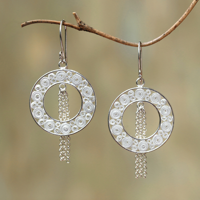 Sterling silver filigree dangle earrings, 'Glinting Circles' - Artisan Crafted Sterling Silver Filigree Dangle Earrings