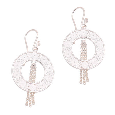 Sterling silver filigree dangle earrings, 'Glinting Circles' - Artisan Crafted Sterling Silver Filigree Dangle Earrings