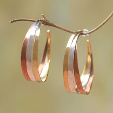 Gold Accent Sterling Silver Half-Hoop Earrings from Bali, 'Metallic Rainbow'