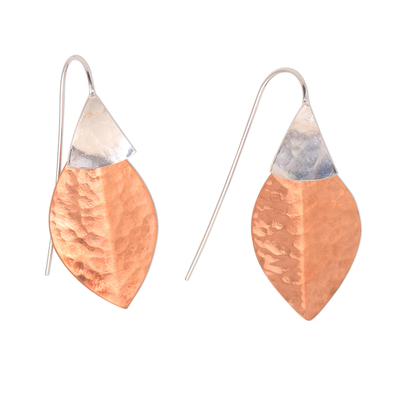 Rose gold accented sterling silver dangle earrings, 'Modern Fall' - Rose Gold Accent Sterling Silver Dangle Earrings from Bali