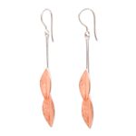 Rose gold accented sterling silver dangle earrings, 'Feminine Leaves' - Rose Gold Accent Sterling Silver Leaf Dangle Earrings