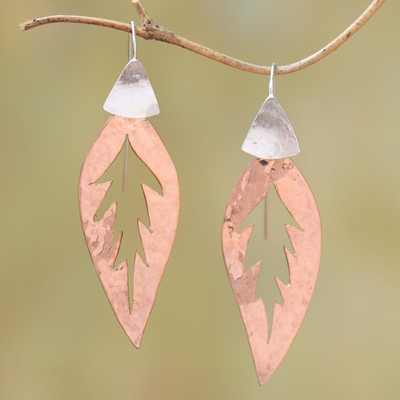 Rose gold plated dangle earrings, 'Heart of the Leaf' - Leafy Rose Gold Plated Dangle Earrings from Bali