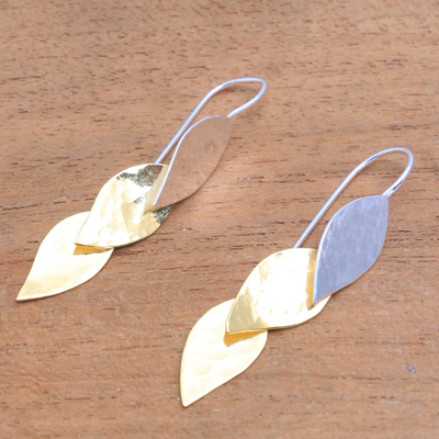 Gold accented sterling silver dangle earrings, 'Fall Gold' - Modern Gold Accent Sterling Silver Dangle Earrings from Bali