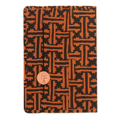 Batik cotton journal, 'Contemplative Archer' - Orange and Black Cotton Cover Journal Recycled Paper Pages