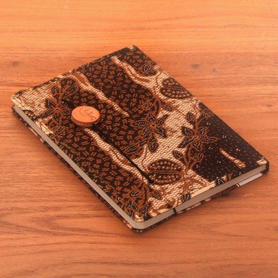 Batik cotton journal, 'Archer's Musings' - Brown Floral Motif Cotton Cover Journal Recycled Paper Pages