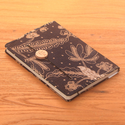 Batik cotton journal, 'Archer in the Meadow' - Brown-Black Floral Motif Cotton Cover Journal Recycled Paper