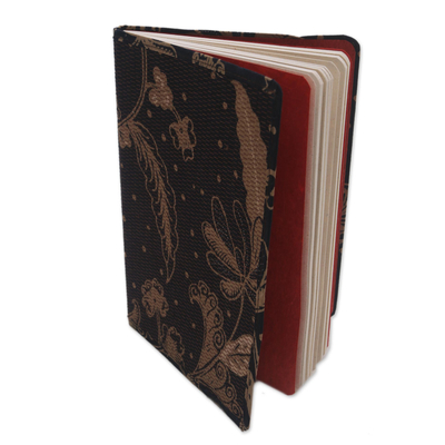 Batik cotton journal, 'Archer in the Meadow' - Brown-Black Floral Motif Cotton Cover Journal Recycled Paper