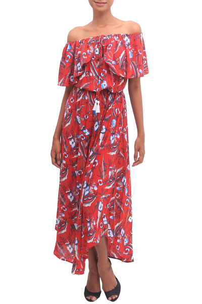White and Light Blue Floral Print on Red Rayon Midi Dress