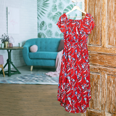 Rayon dress, 'Bloom Cascade' - White and Light Blue Floral Print on Red Rayon Midi Dress