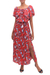 Rayon dress, 'Bloom Cascade' - White and Light Blue Floral Print on Red Rayon Midi Dress (image 2e) thumbail