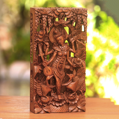 Wood relief panel, 'Sarasvati' - Suar Wood Relief Panel of Hindu God Saraswati from Indonesia