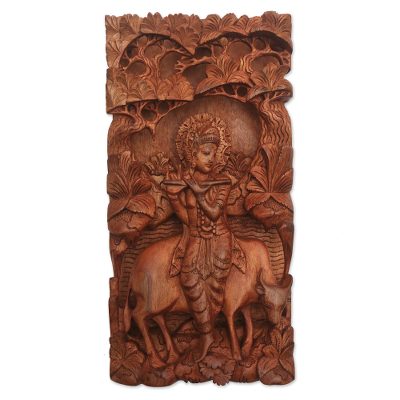 Wood relief panel, 'Krishna and Cow' - Suar Wood Relief Panel of the Hindu God Krishna