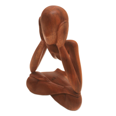 Wood sculpture, 'Wondering' - Abstract Suar Wood Sculpture of a Person from Indonesia