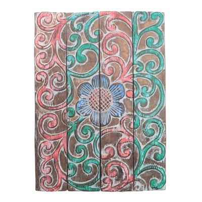 Wood relief panel, 'Flower and Vines' - Albesia Wood Relief Panel with Flower Motif from Bali