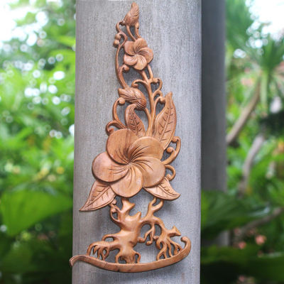 Panel en relieve de madera - Panel en relieve de madera de suar con flor de frangipani de Bali