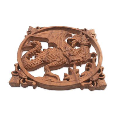Wood relief panel, 'Mighty Dragon' - Hand-Carved Suar Wood Relief Panel of a Dragon from Bali
