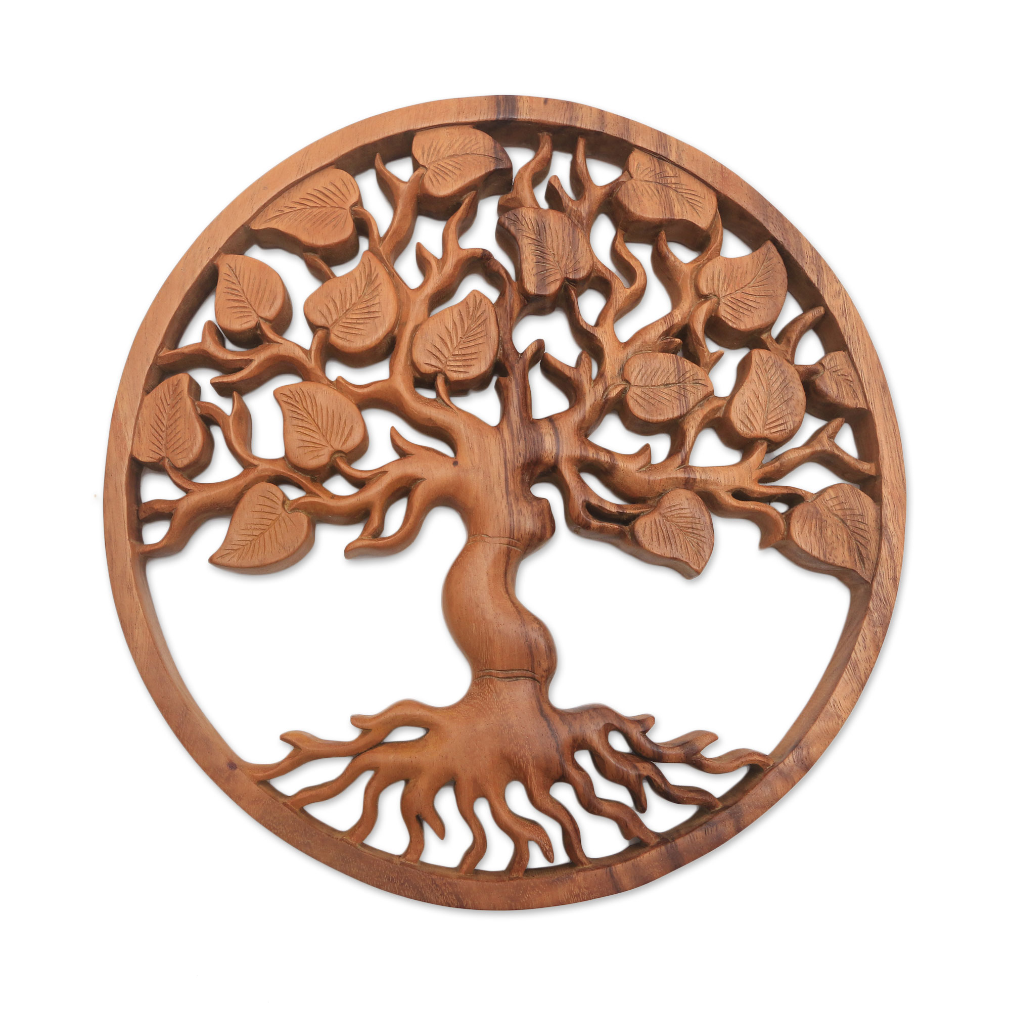 Circular Tree Suar Wood Relief Panel Crafted in Bali - Leafy Tree | NOVICA