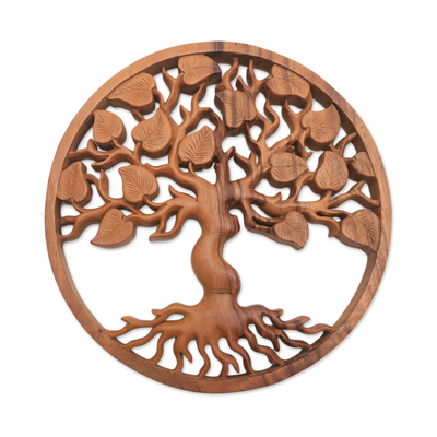 Wood relief panel, 'Leafy Tree' - Circular Tree Suar Wood Relief Panel Crafted in Bali