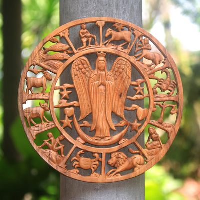 Wood relief panel, 'Angelic Zodiac' - Angel Zodiac Suar Wood Relief Panel from Bali