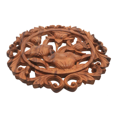 Wood relief panel, 'Perfect Bloom' - Hand-Carved Floral Suar Wood Relief Panel from Bali