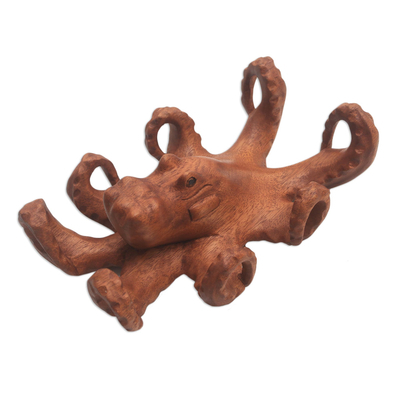 Holzskulptur - Handgeschnitzte Oktopus-Skulptur aus Suar-Holz aus Bali