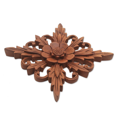 Wood relief panel, 'Lotus Radiance' - Radiant Floral Suar Wood Relief Panel from Bali