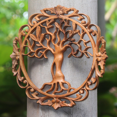 Wood relief panel, 'Few Leaves' - Hand-Carved Tree-Themed Suar Wood Relief Panel from Bali
