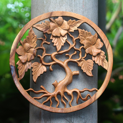 Holzrelief-Platte, 'Drei Frangipani'. - Frangipani Tree Suar Holzrelief-Panel aus Bali
