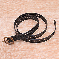 Leather belt, 'Chic Windows' - Black Leather Rectangular Cutwork Belt with Brass Buckle