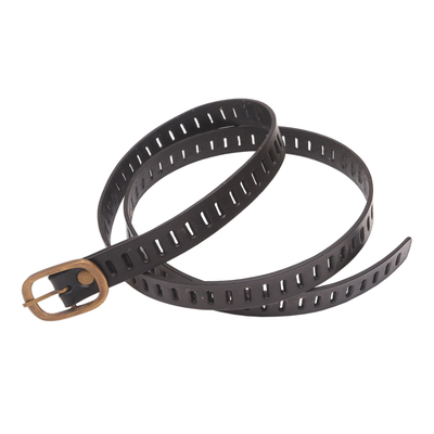 Black Leather Rectangular Cutwork Belt with Brass Buckle