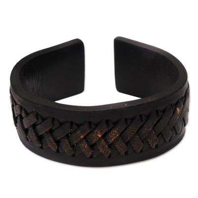 Black Leather Cuff Bracelet with Criss-Cross Laces