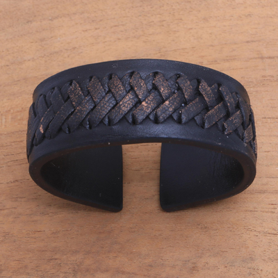 Leather cuff bracelet, 'Tenacity' - Black Leather Cuff Bracelet with Criss-Cross Laces
