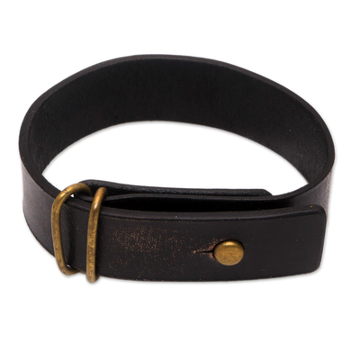 Leder-Armband, 'Rugged Traveler', 'Rugged Traveler - Armband-Armband aus schwarzem Leder und Messing
