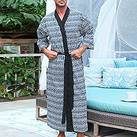Azure and Black Diamond Motif Men's Cotton Robe from Bali,'Bedugul Diamonds'