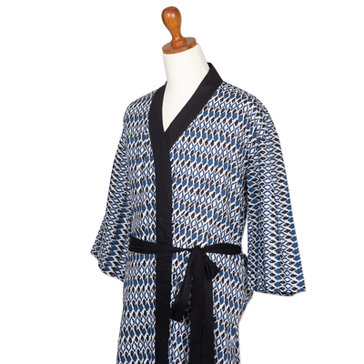 Men's cotton robe, 'Bedugul Diamonds' - Azure and Black Diamond Motif Men's Cotton Robe from Bali