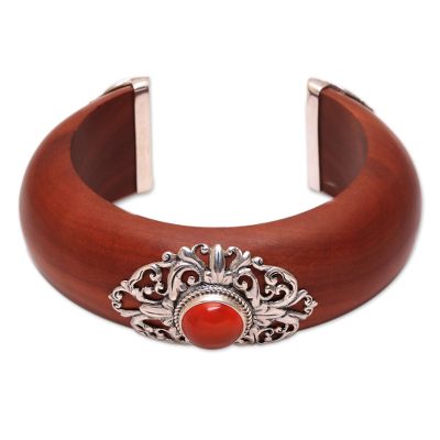 Carnelian and wood cuff bracelet, 'Fiery Elegance' - Carnelian Sterling Silver and Sawo Wood Cuff Bracelet
