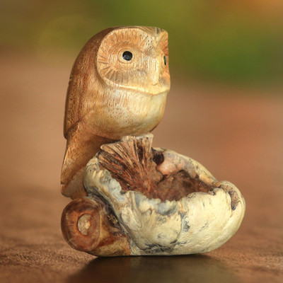 Wood figurine, 'Lone Owl' - Jempinis Wood Owl Figurine from Bali