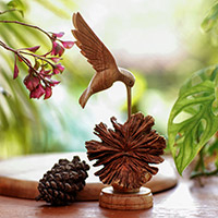 Jempinis Wood Hummingbird Sculpture from Bali,'Feasting Hummingbird'