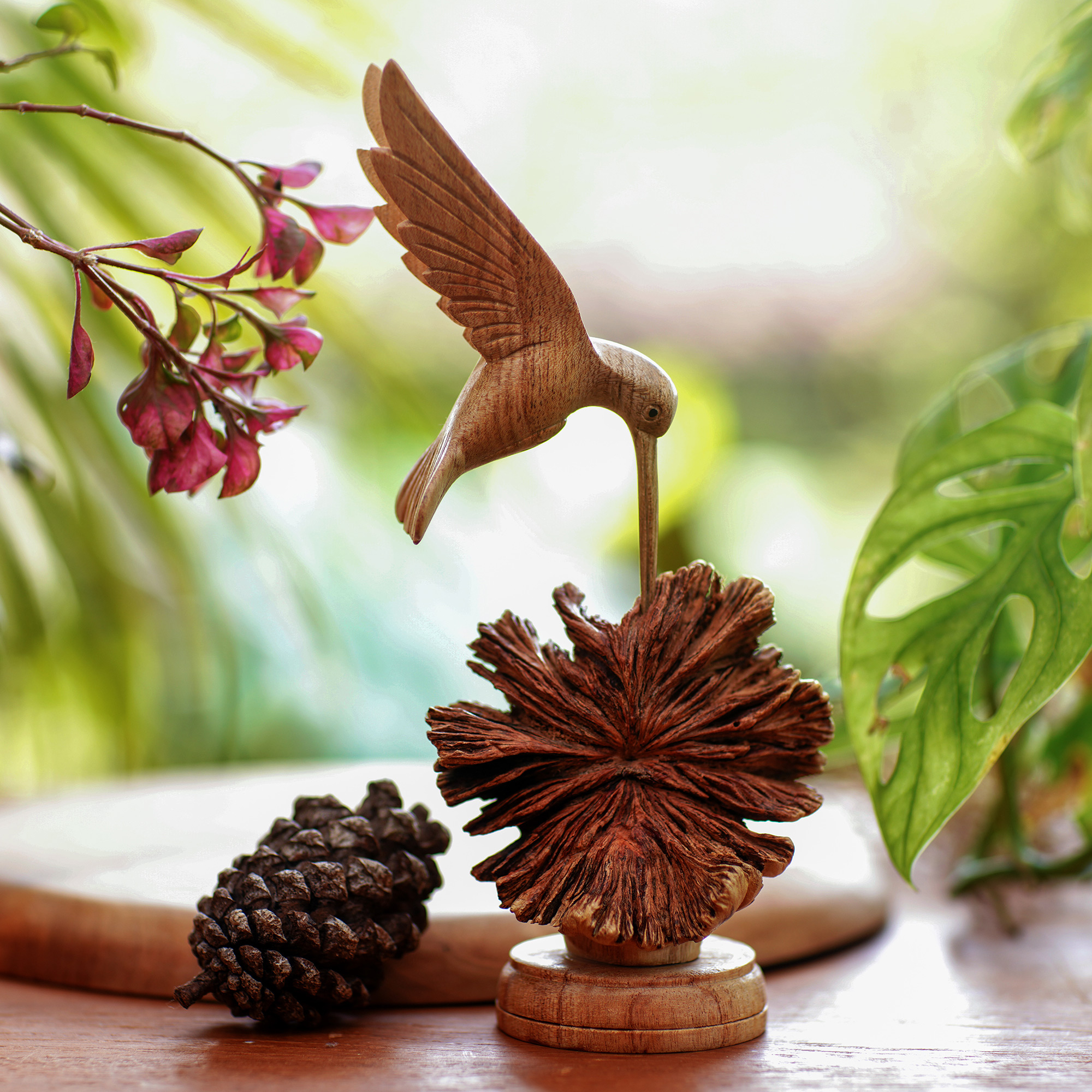 Unique Wood Sculpture of Hummingbirds and Mushrooms 'Hummingbirds
