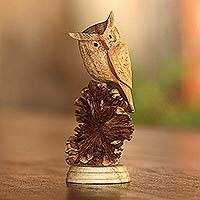 Wood sculpture, 'Perched Owl'