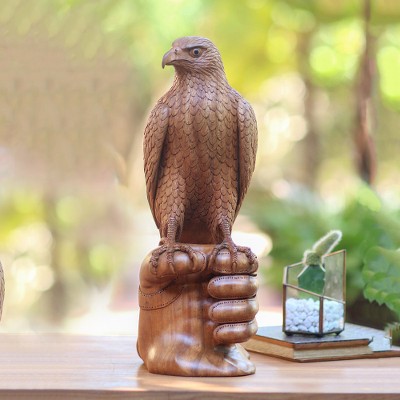 Wood sculpture, 'Falconer's Friend' - Hand-Carved Suar Wood Falconer Sculpture from Bali