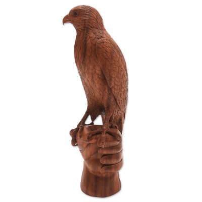 Wood sculpture, 'Falconer's Friend' - Hand-Carved Suar Wood Falconer Sculpture from Bali